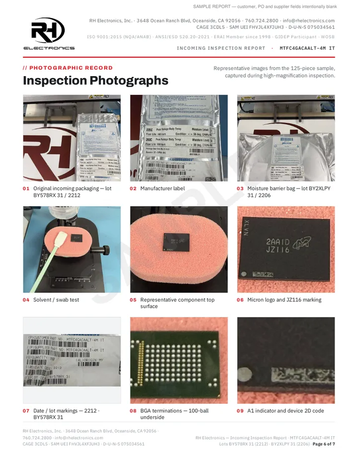 Sample inspection report page 6 — nine inspection photographs including packaging, solvent test, markings and BGA underside